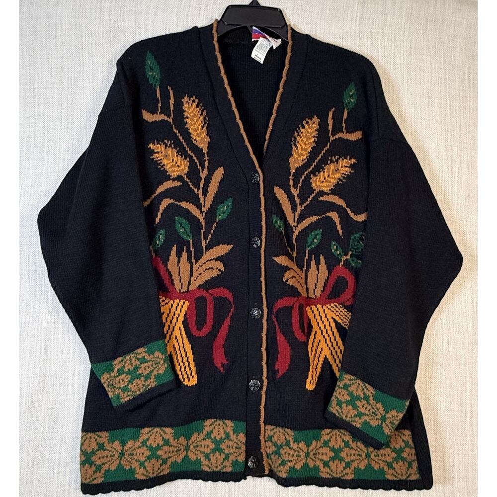 J. J. Poole Black Wheat Bows Embroidered Knit Cardigan Sweater Women's Large